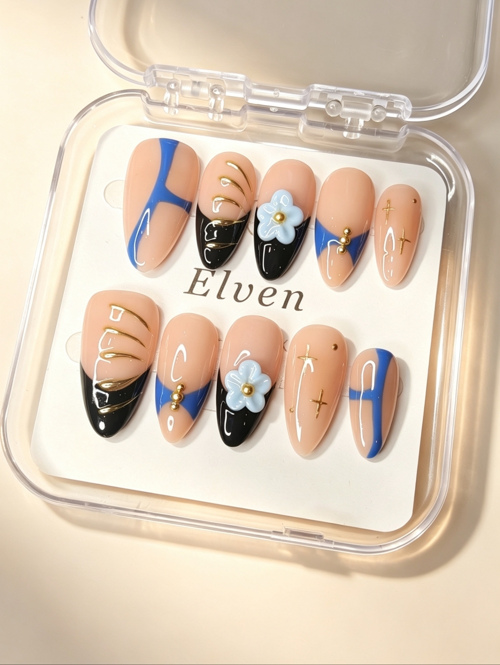 Blue and Black Handmade Press On Nails With Floral Medium Length Almond